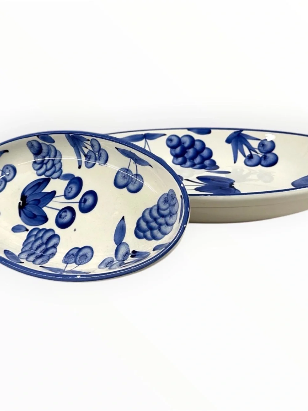 Stoviglieria Italy Blue Fruit Hand Painted Oval Serving Platters Set Of 2 Vtg